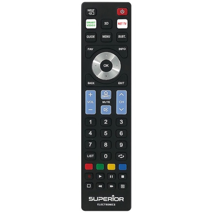 Дистанционно управление Superior, Универсално, Съвместимо с телевизори Samsung, LG, Philips, Sony, Panasonic, Батерии (2 x AAA), които не са включени, Черен