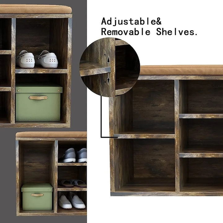 Banca de depozitare Vasagle cu suport pentru pantofi, 10 compartimente, cu perna, 104x48x30cm, maro rustic