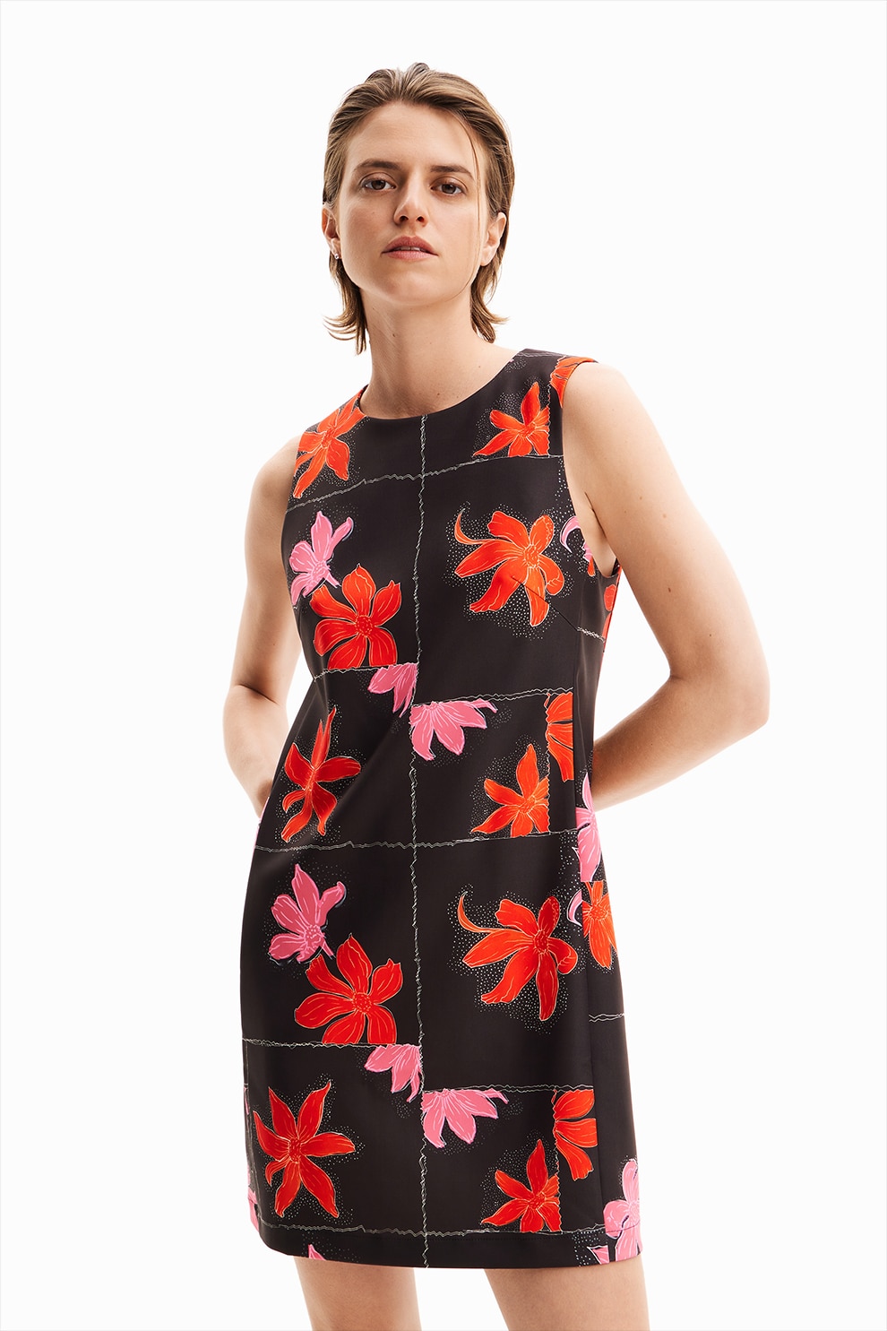 DESIGUAL, Rochie cu imprimeu, fara maneci, Negru, Rosu vermillion, S