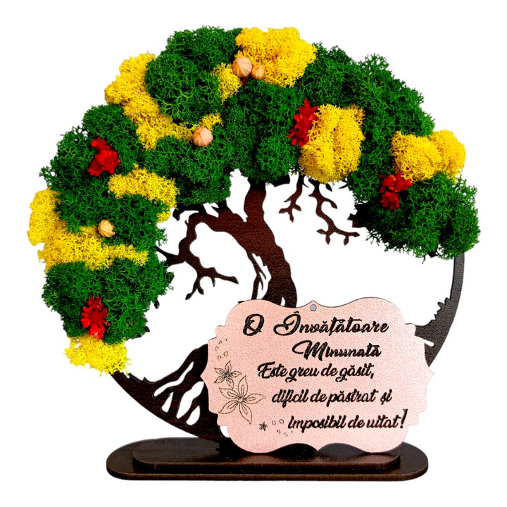 Decoratiune tablou copacul vietii, decorat cu licheni stabilizati si flori decorative, personalizat cu mesaj standard pentru invatatoare, dimensiune 15cm, model 2, wenge