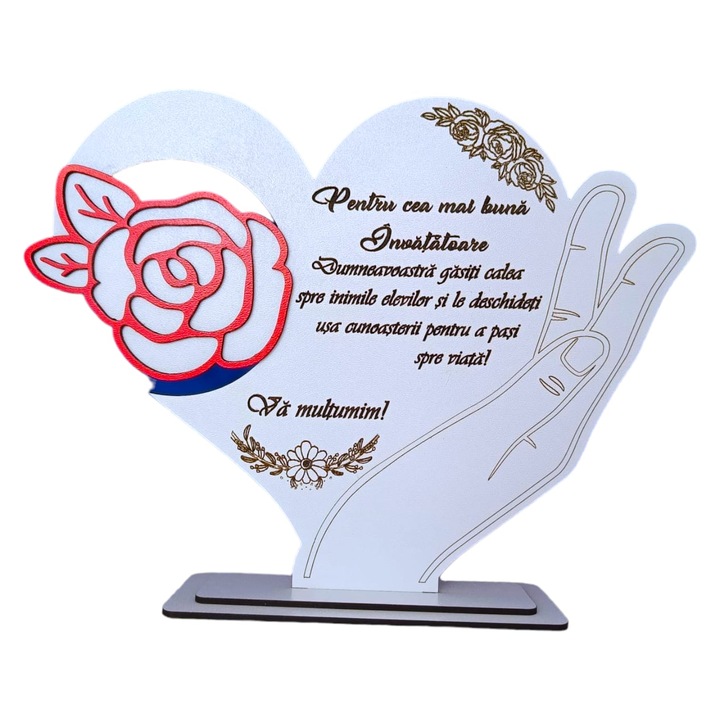 Decoratiune tablou inima cu trandafir, personalizat cu mesaj standard pentru invatatoare, dimensiune 22cm, model 1, alb