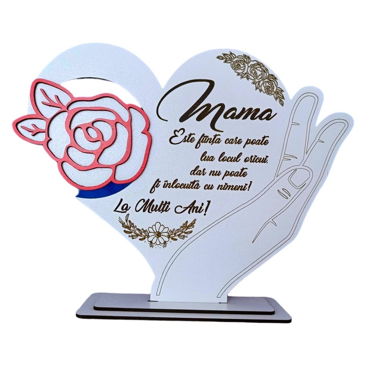 Decoratiune tablou inima cu trandafir, personalizat cu mesaj standard pentru mama, dimensiune 22cm, model 2, alb
