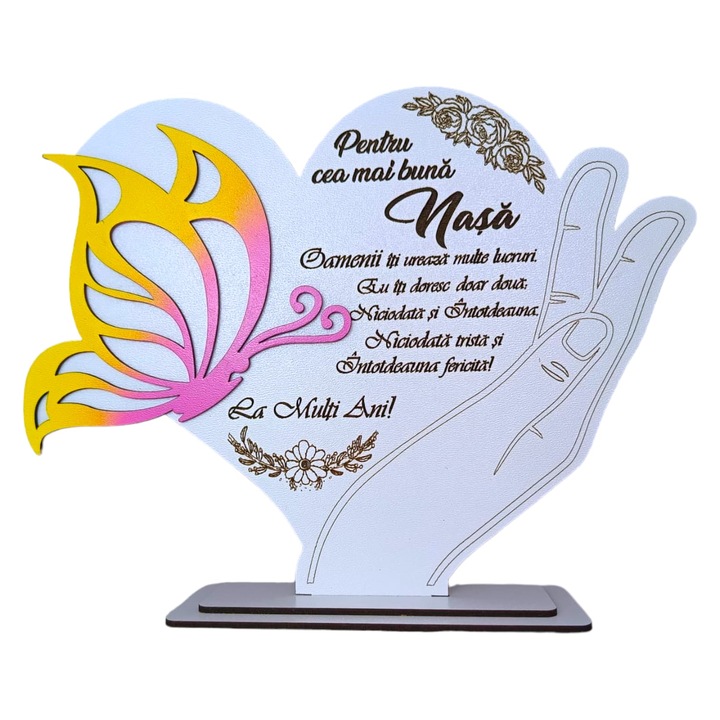 Decoratiune tablou inima cu fluture, personalizat cu mesaj standard pentru nasa, dimensiune 22cm, model 2, alb