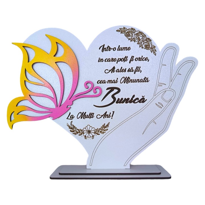 Decoratiune tablou inima cu fluture, personalizat cu mesaj standard pentru bunica, dimensiune 22cm, model 1, alb