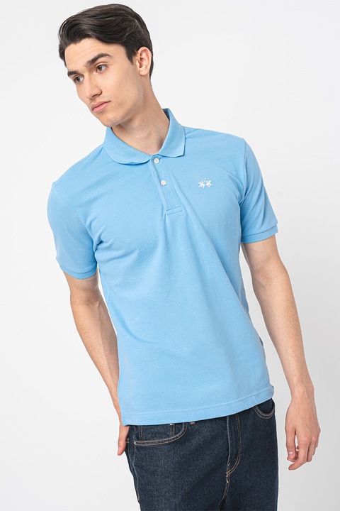 LA MARTINA, Tricou polo din bumbac si material pique, Albastru pastel