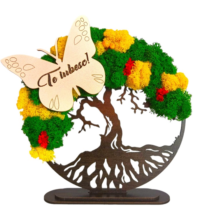 Tablou copacul vietii cu licheni naturali stabilizati, decorat cu fluture gravat laser cu mesaj standard "Te iubesc!", dimensiune 20cm, wenge