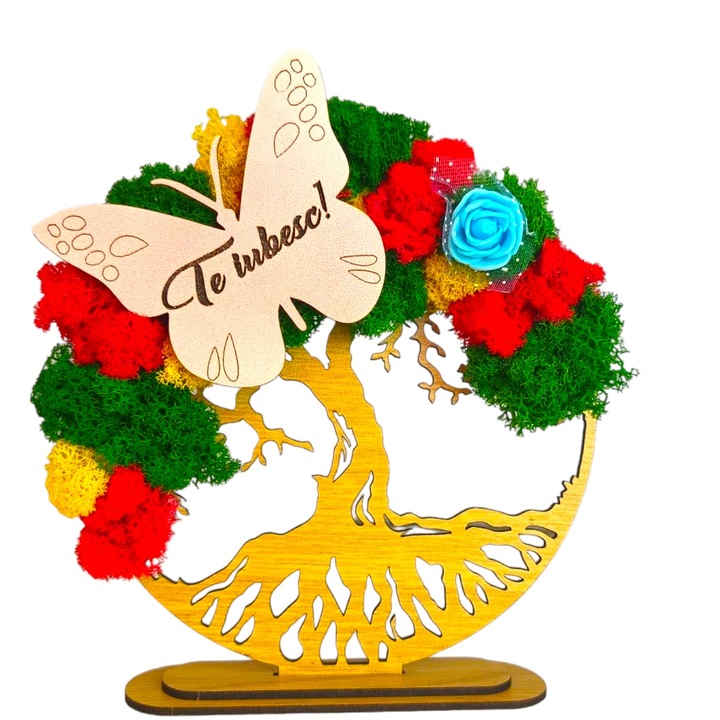 Tablou copacul vietii cu licheni naturali stabilizati, decorat cu fluture gravat laser cu mesaj standard "Te iubesc!", dimensiune 15cm, maro stejar