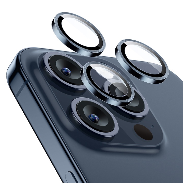 Протектор за камера, iPhone 15 Pro/15 Pro Max, удароустойчив, протектор за обектив от закалено стъкло, Q118, нечуплив кристал, син