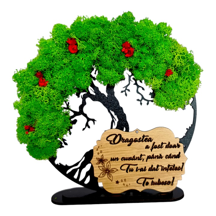 Decoratiune tablou copacul vietii, decorat cu licheni stabilizati si flori decorative, personalizat cu mesaj standard pentru iubita, sotie, prietena, dimensiune 15cm, model 2, negru