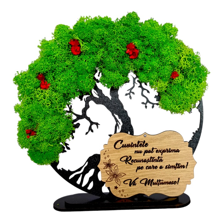 Decoratiune tablou copacul vietii, decorat cu licheni stabilizati si flori decorative, personalizat cu mesaj standard pentru educatoare, invatatoare, medic, dimensiune 15cm, model 1, negru