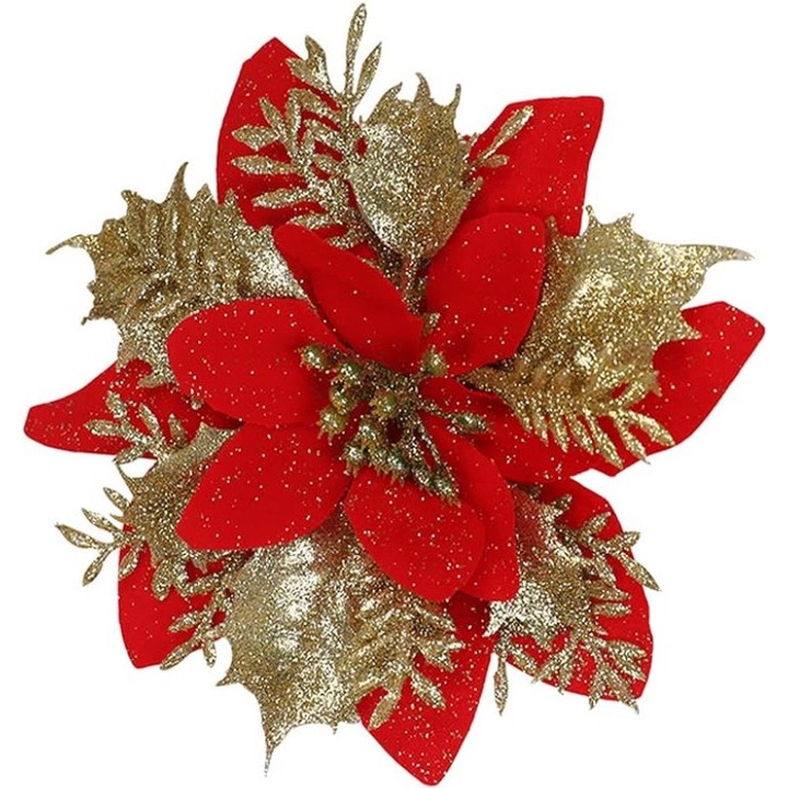 Set 12 ornamente pentru bradul de Craciun, stea Poinsettia, 14cm, rosu auriu