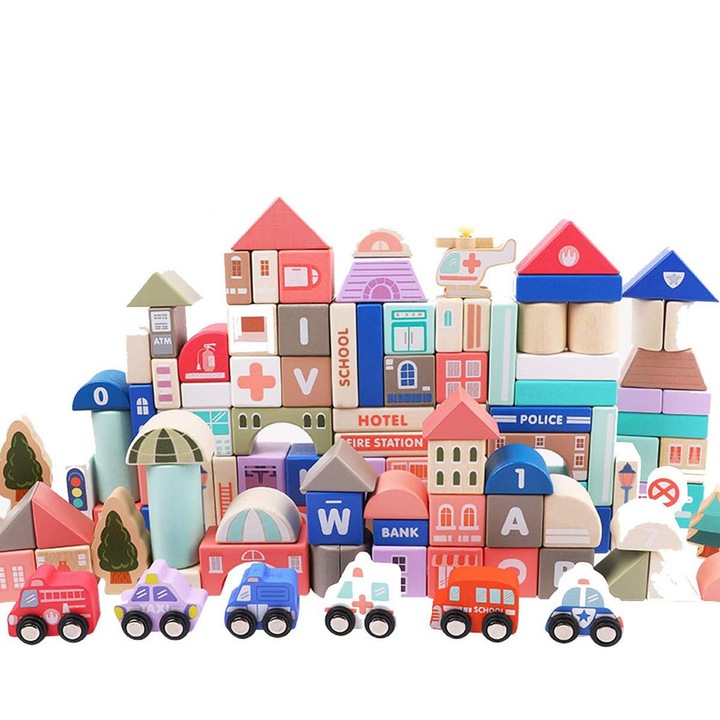 Комплект от 115 кубчета за деца, WALALLA, Wood, 3 години+, Многоцветни