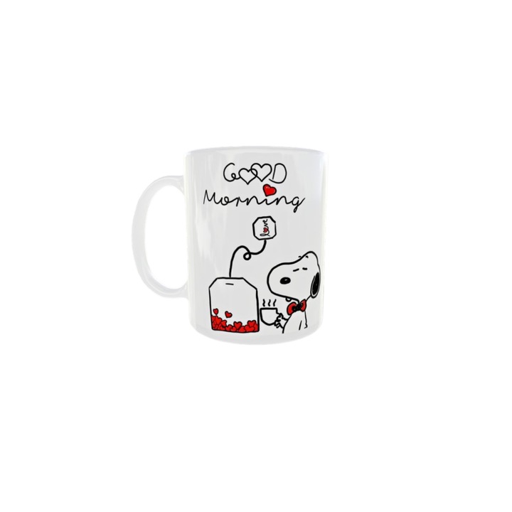 Персонализирана бяла чаша с надпис Good morning, Snoopy INOVATIX, 330 мл