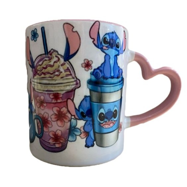 Rózsaszín szív fogantyús bögre, űrtartalom 350 ml, egyedi Stitch M2
