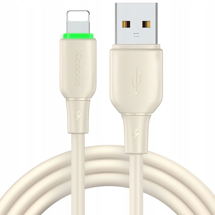 Кабел за данни и зареждане, Mcdodo, USB за бързо зареждане - Lightning, съвместим с Apple CarPlay / iPhone 5 / 6 / 7 / 8 / X / XS / XR / SE / 11 / 12 / 13 / 14 / Plus / Pro / Max, 1.2 M , LED, бежов