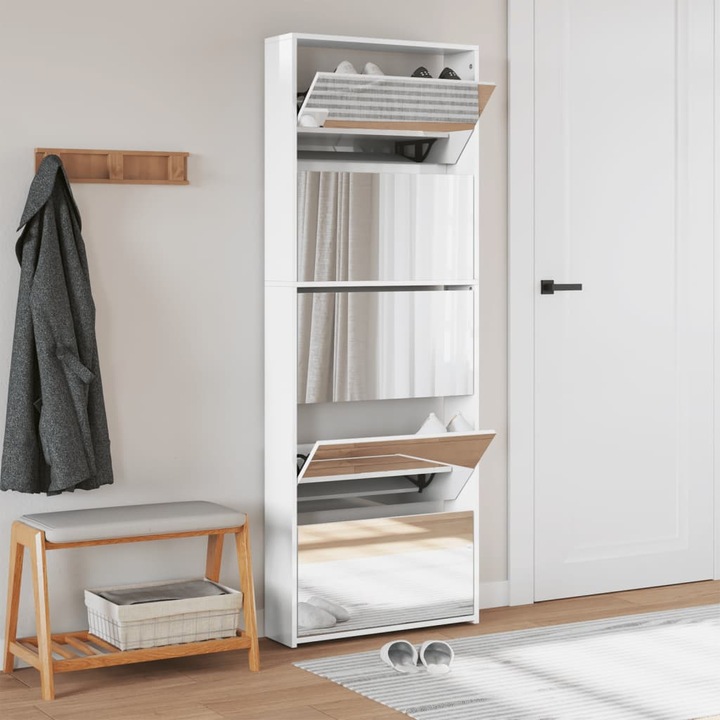 Шкаф за обувки с огледало vidaXL, 5 нива, Бял гланц, 63x17x169, 5 см, 33.2 Kg