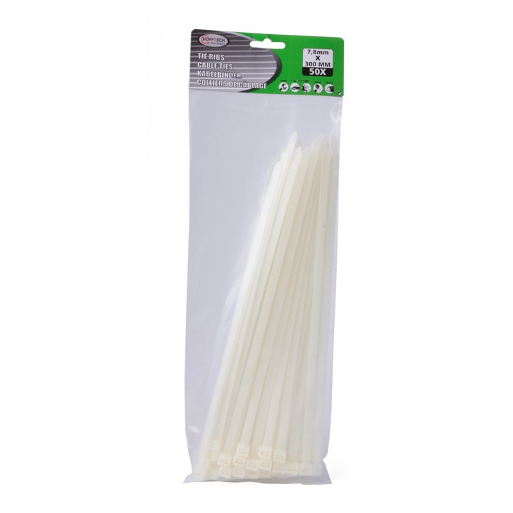 Set de 50 buc Coliere de Plastic 300 mm x 7,8 mm culoare alb, Hofftech, rezistente UV