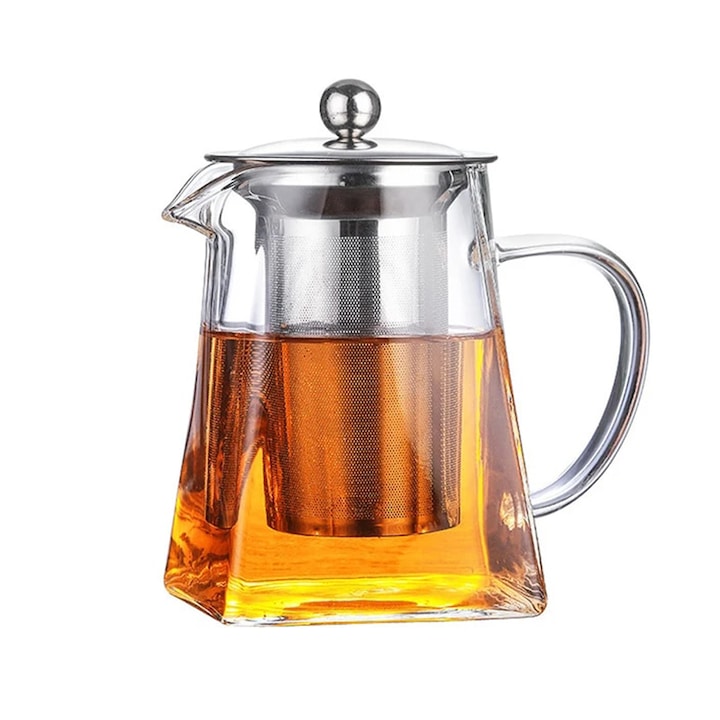 Teáskanna infúzióval, Hggzeg, Ergonomikus kialakítás, Cseppmentes, Kivehető rozsdamentes acél forrázó, Könnyen használható és tisztítható, 550 ml, Mikrohullámú sütőhöz és tűzhelyhez, Üveg, Átlátszó