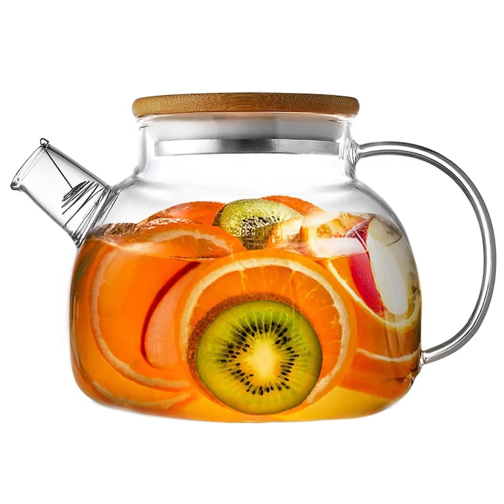 Teáskanna, Hggzeg, 1000 ml, Kivehető szűrővel és szorosan záródó bambusz fedéllel, Hő- és hidegálló, Könnyen tisztítható, Virágteához és levélteához, Üveg, Átlátszó