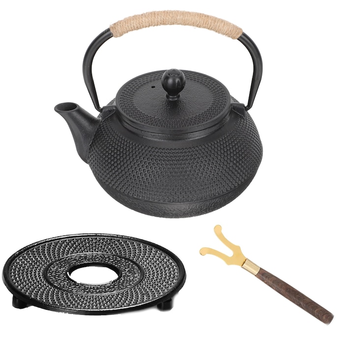 Öntöttvas teáskanna készlet, Hggzeg, Teáskanna alátéttel és fa tartókapcsos, Könnyen tisztítható, 600 ml, Fatűzhöz/kemping/gáztűzhelyhez, Fekete
