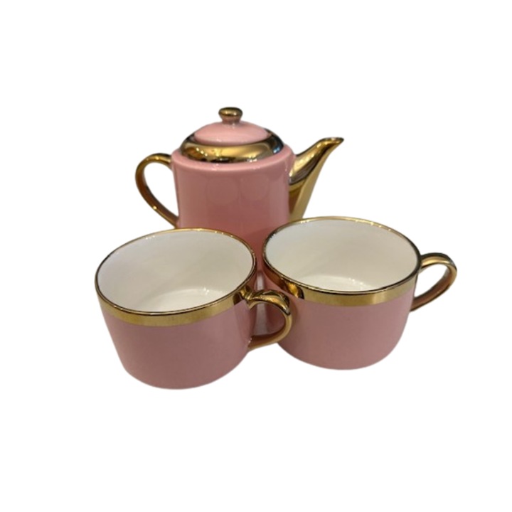 Teáskanna készlet infúzióval, 2 csészével, rózsaszín és arany színű, finom kerámia, 400 ml