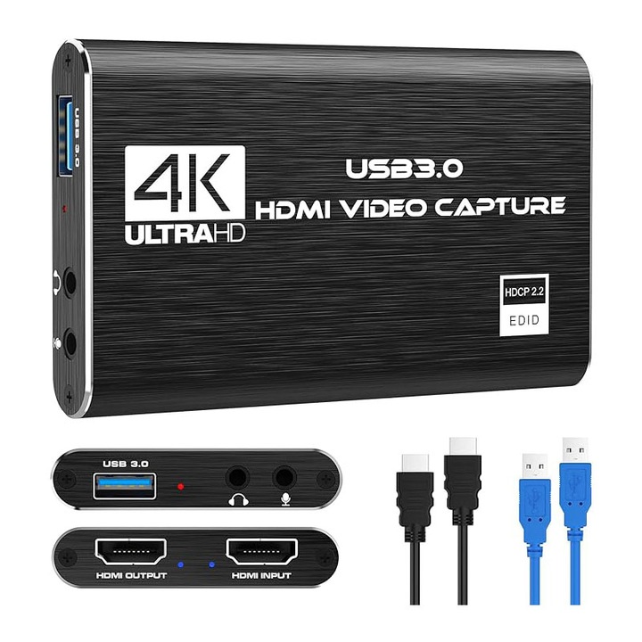 Placa de captura audio video 4K, HDMI USB 3.0, Full HD 1080P, Negru