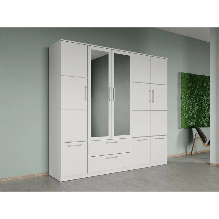 Set dormitor complet, Alb cu comoda, Acapulco, C12, Pat 2 sertare, Dulap si Noptiere