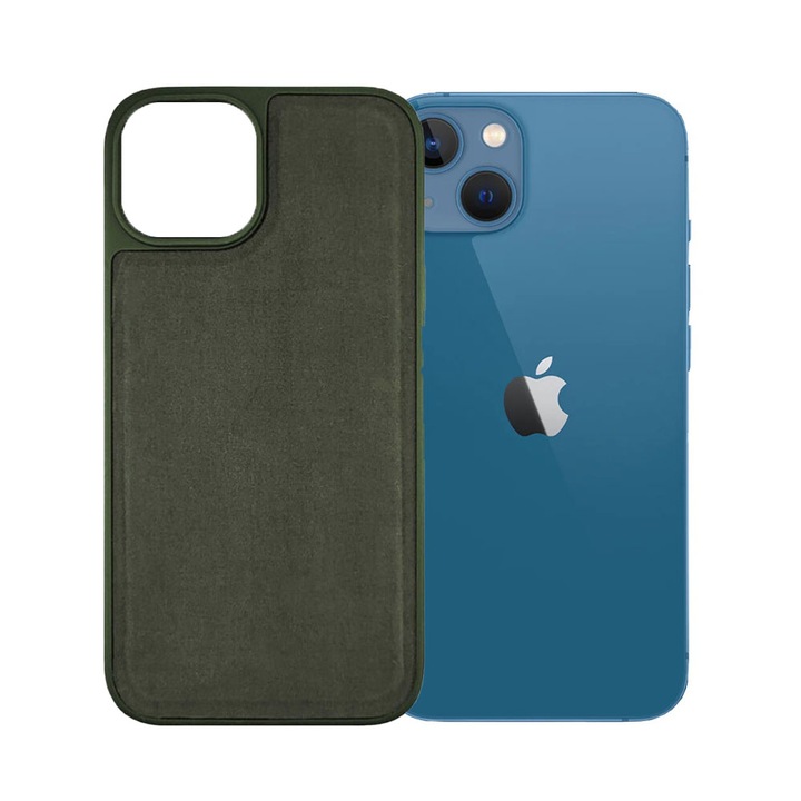 Védőburkolat, kompatibilis Apple iPhone 13-mal, PU bőrpajzs, ökológiai bőr, csúszásgátló, ütésálló, megemelt élek, matt szilikon lökhárító, mikroszálas belső, zöld