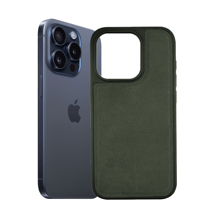 Защитен калъф, съвместим с Apple iPhone 15 Pro, PU Leather Shield, Екологична кожа, Противоплъзгаща се, Удароустойчивост, Повдигнати ръбове, Матирана силиконова броня, Вътрешност от микрофибър, Зелен