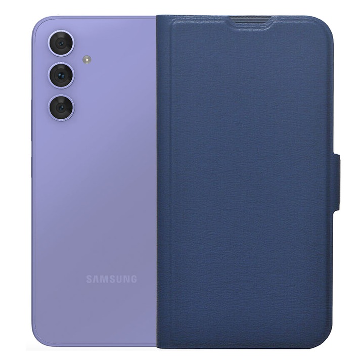 Könyvborító, kompatibilis Samsung Galaxy A54 5G, Ökológiai bőr, Bőr Flip Defense, Elülső hátsó védelem, Beépített oldalmágnes, 360 fokos lefedettség, Hívó hangszóró kivágás, Állvány funkció, Kék