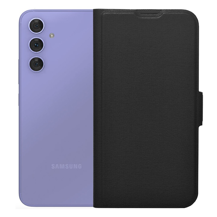 Könyvborító, kompatibilis Samsung Galaxy A54 5G, Ökológiai bőr, Bőr Flip Defense, Elülső hátsó védelem, Beépített oldalmágnes, 360 fokos lefedettség, Hívó hangszóró kivágás, Állvány funkció, Fekete