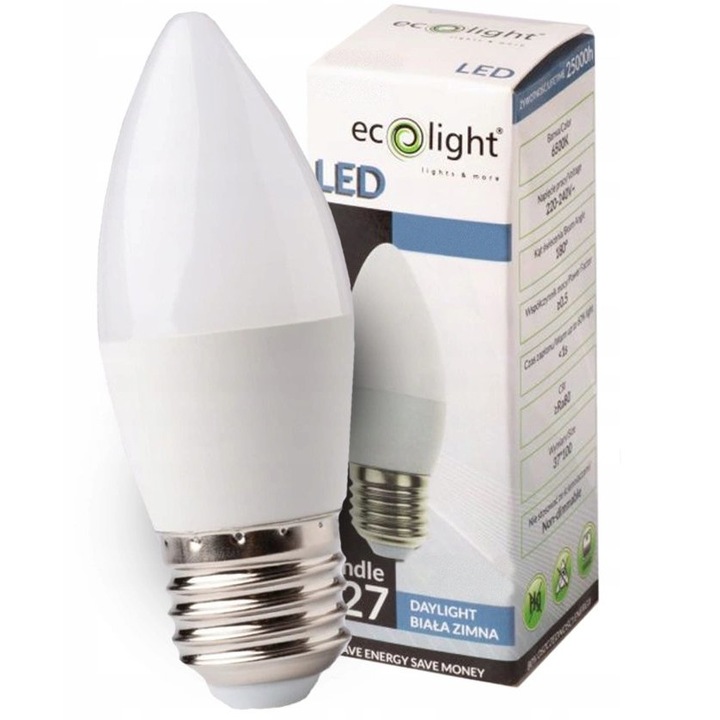 Bec LED tip candelabru ECOLIGHT, 5W, lumina rece 6500K, 37x98mm