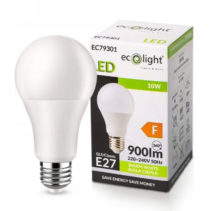 ECOLIGHT klasszikus LED izzó, E27, 10W, 3000K, 900 lm, ovális