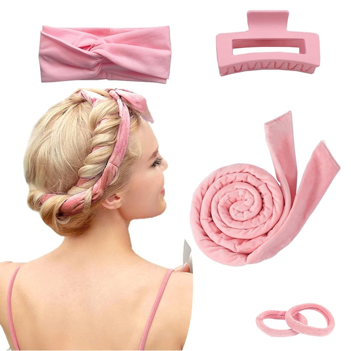 Комплект от 5 маши за коса без нагряване, с 1 пръчка за къдрене без нагряване, 1 щипка за коса, 1 лента за глава, 2 къдрици за коса, без нагряване за естествени къдрици, FMK, розово