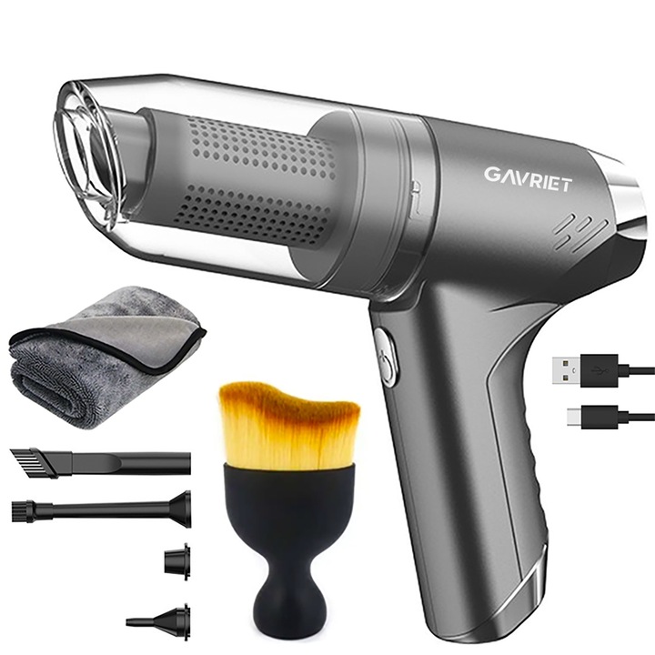 Aspirator Auto 3 in 1 Fara Fir Gavriet™ Turbo Duster, 12000PA, 75W, Baterie 4000mAh, 2 Trepte, Functii de Aspirare, Suflare, Vidare, Filtru HEPA, Perie Detailing, Prosop Microfibre, Argintiu