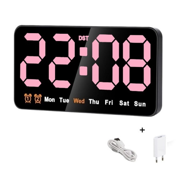Digitális asztali és falióra rózsaszín LED fénnyel, ébresztő, naptár, hőmérséklet, szundi funkció, éjszakai mód, 11x21 cm