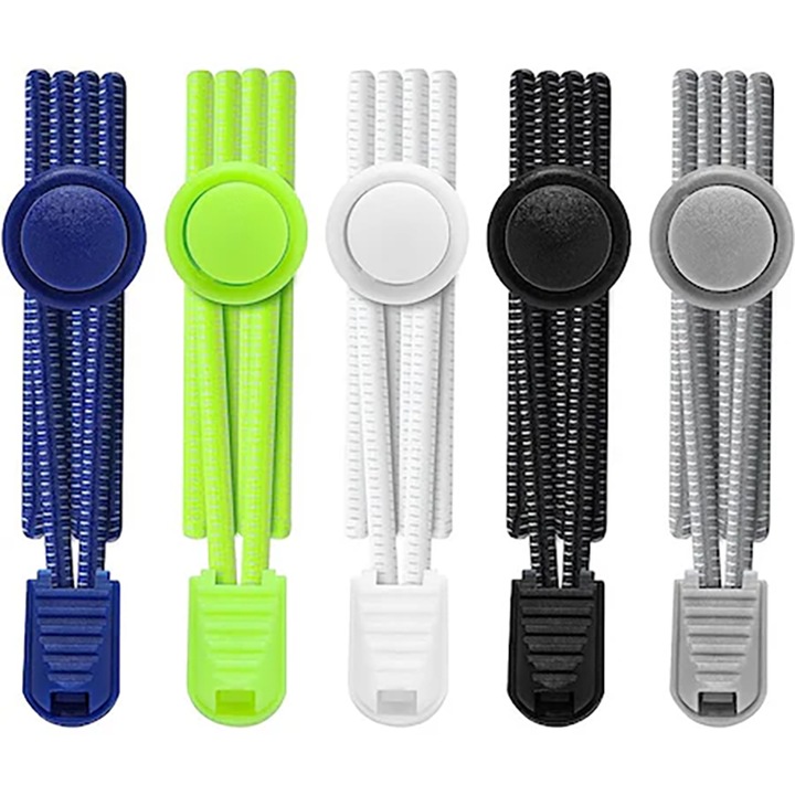 Set 5 sireturi elastice cu sistem NO TOUCH, reglabile fara noduri, Negru/Alb/Gri/Albastru/Verde