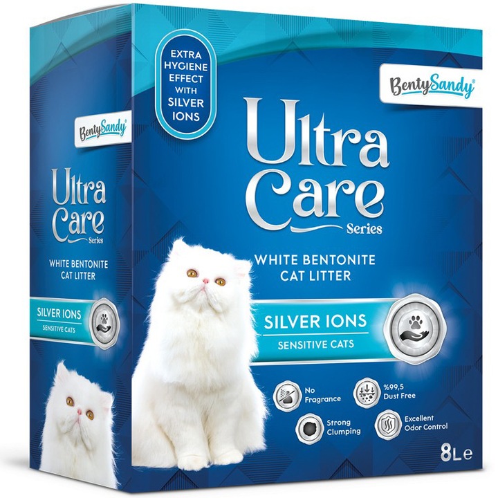 Asternut igienic Ultra Care Ioni de Argint pentru pisici sensibile, 8L