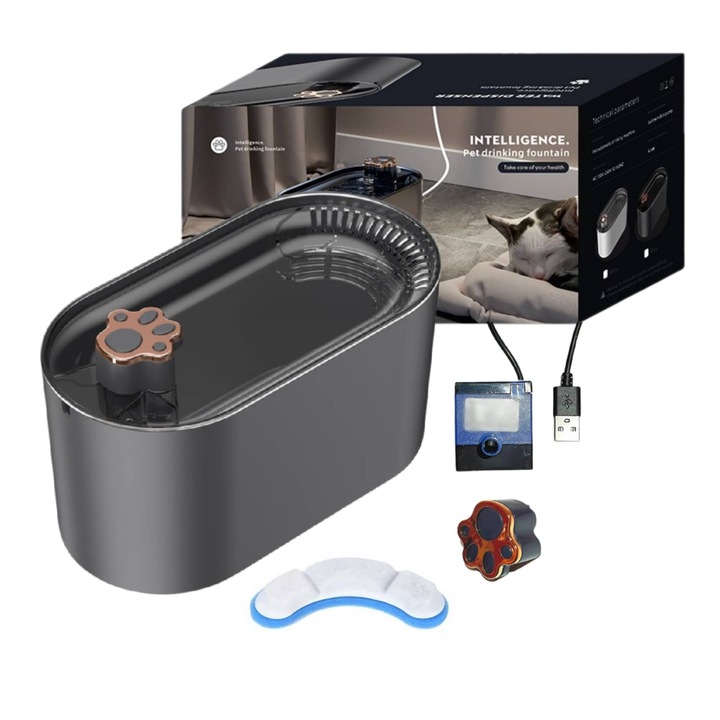 Dispenser automat de apa, cu efect fantana, pentru caini si pisici, culoare galaxy black, 3L, purificare si eliminare bacterii, silentios, LED, mentine apa proaspata pentru animalutul tau, asigura sanatatea lui si a familiei tale
