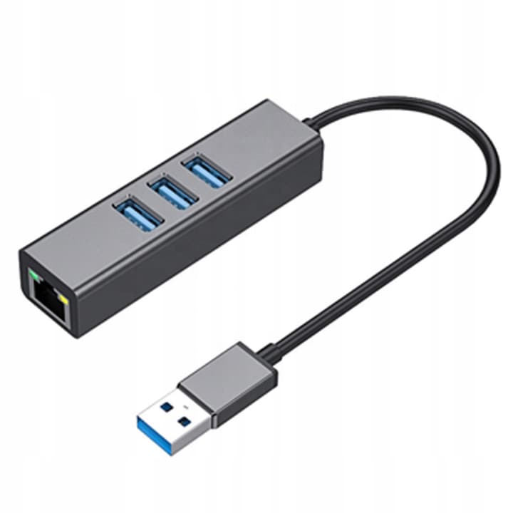 Adaptor Multiport Hub 4 in 1 Datamaxx USB la 3 x USB 3.0, 1 x Gigabit Ethernet RJ45 carcasa aluminiu