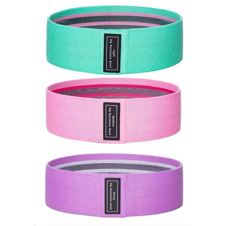 Set benzi elastice de rezistenta din material textil, 3 niveluri de rezistenta, saculet inclus, culori verde, roz, mov, ideale pentru diverse tipuri de antrenament si pilates