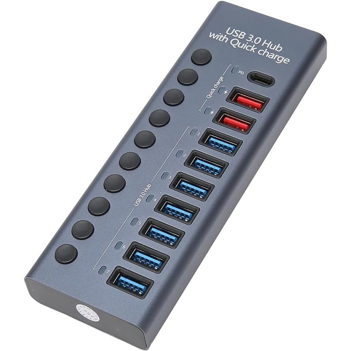 Hub USB cu 10 porturi IntellHub®, 7 porturi USB 3.0, Buton ON/OFF, Indicator luminos LED, Comutator alimentare, Adaptor 12V DC, Port incarcare, Albastru