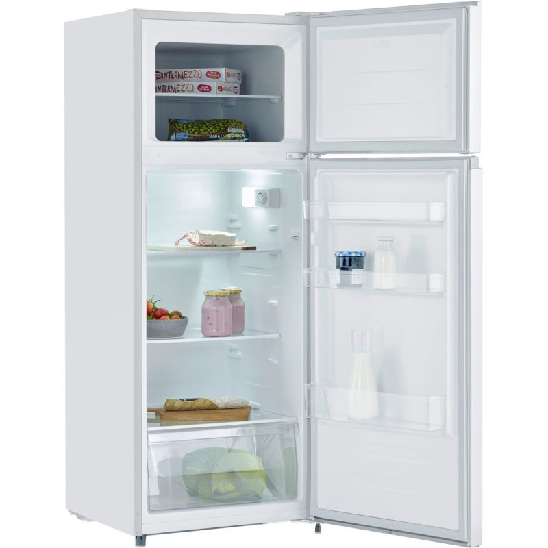 Frigider Severin, H 143.4 cm, capacitate 205 l, congelator 41 l, 3 rafturi din sticla securizata, compartiment pentru fructe/legume, 3 rafturi pe usa, control temperatura, usi reversibile, tava pentru gheata, alb