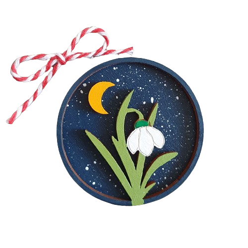 Martisor ghiocel 3D cu luna, Zenini, Pictat manual, Lemn, Bleumarin, 6 ...