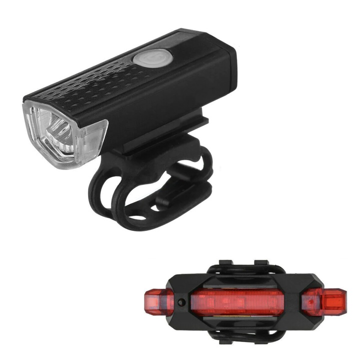 Set de lanterne LED pentru bicicleta, un far si un stop, cu 3 optiuni de iluminare, incarcare prin portul Micro USB, Urban design, Negru