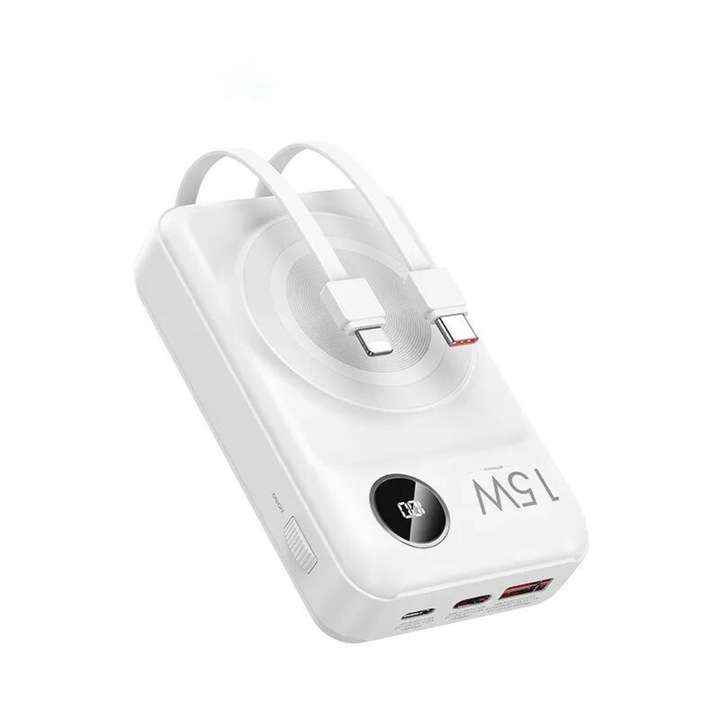 TU&YA® vezeték nélküli külső akkumulátor 20 000 mAh, 2 az 1-ben. USB-C kábel, Pd 20W + Qc 22,5W gyorstöltés, LED digitális kijelző, Univerzális és elektromos cigarettákhoz USB kábelen keresztül, Qi szabvány szerint, fehér