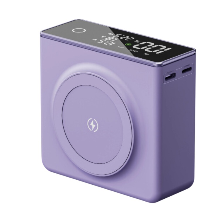 Baterie Externa Wireless Magnetica TU&YA® 22.5 W, 20000 mAh, QuickCarge 3.0, Pd 20W + Qc 22.5W Fast Charging, Afisaj Digital LED, Magsafe, Mov
