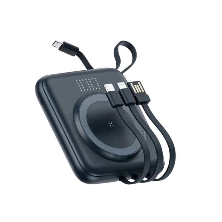 Baterie externa wireless TU&YA® 10.000 mAh 4 in 1, wireless Cu LED, Fast Charge 15W, 22.5W prin cablu, 4 Cabluri de alimentare, Universala si pentru Tigara electronica prin cablu USB, Mov