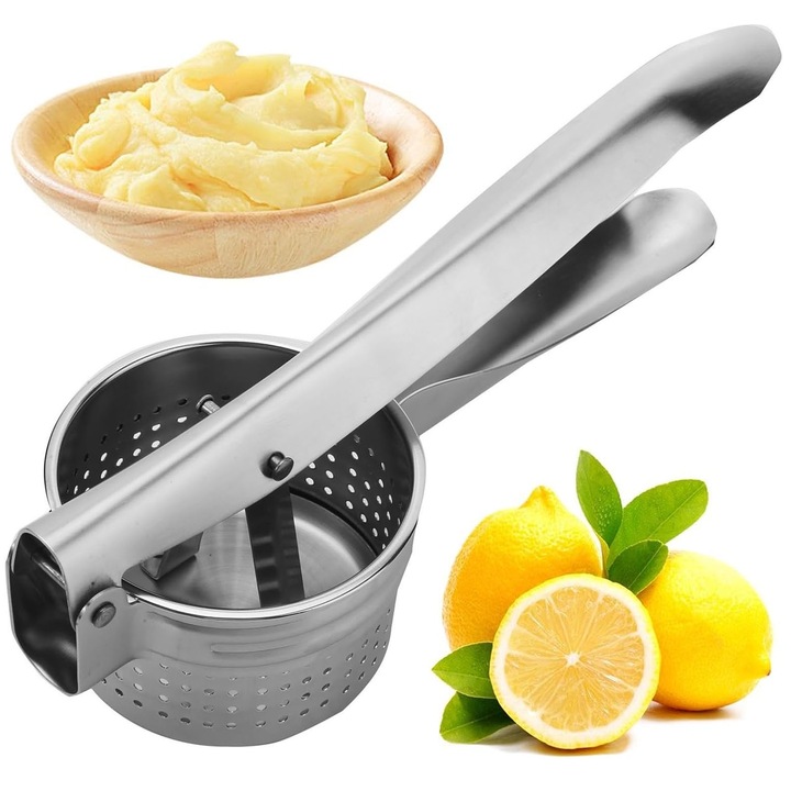 Storcator manual fructe din otel inoxidabil, Hggzeg, Design ergonomic, Usor de curatat, Pentru portocale, lamai, mere, diverse fructe si legume, Argintiu