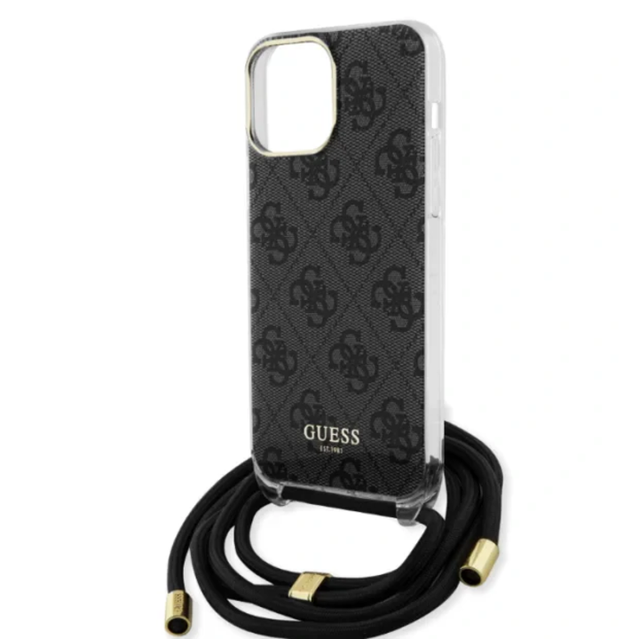Husa de protectie Cover Guess 4G IML Printed Crossbody pentru iPhone 15, Negru
